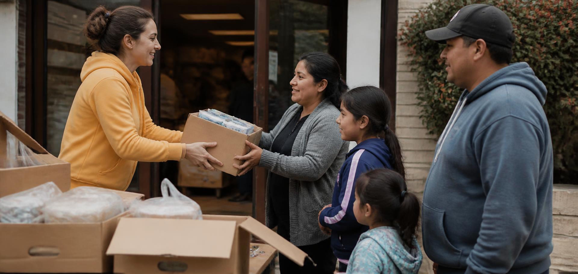 Volunteers handing supplies to a family outside a neighbourhood community centre